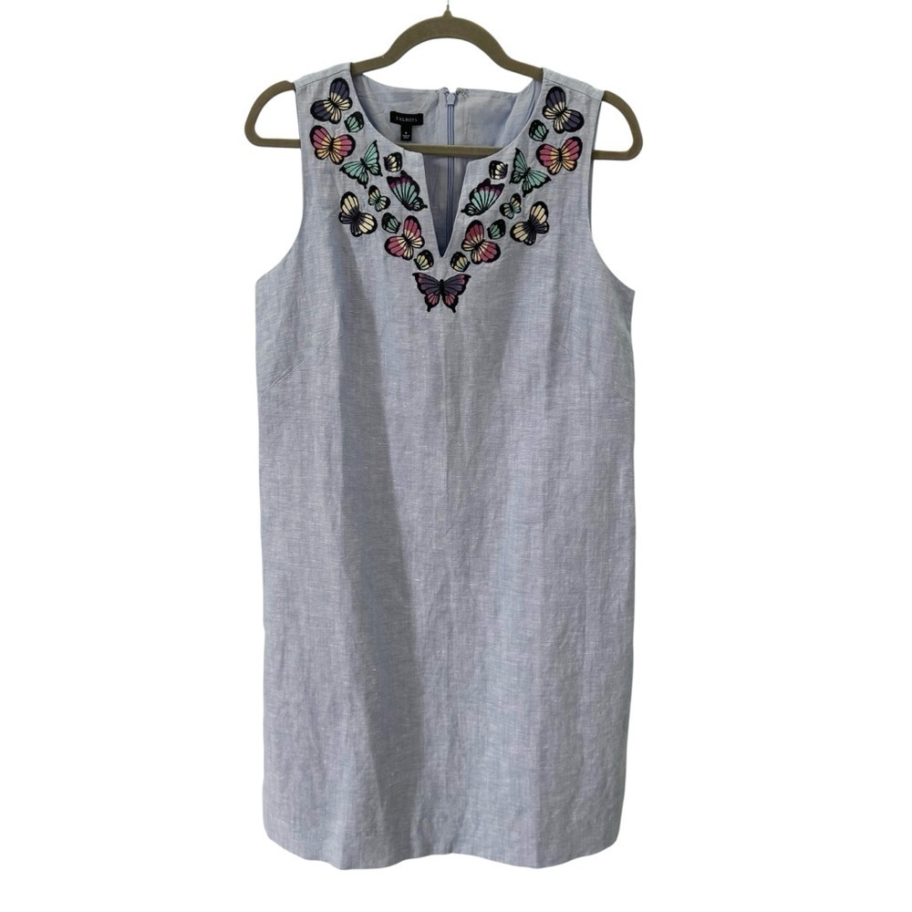 Talbots Embroidered Butterfly Linen Cotton Blend Shift Dress Blue Size 8